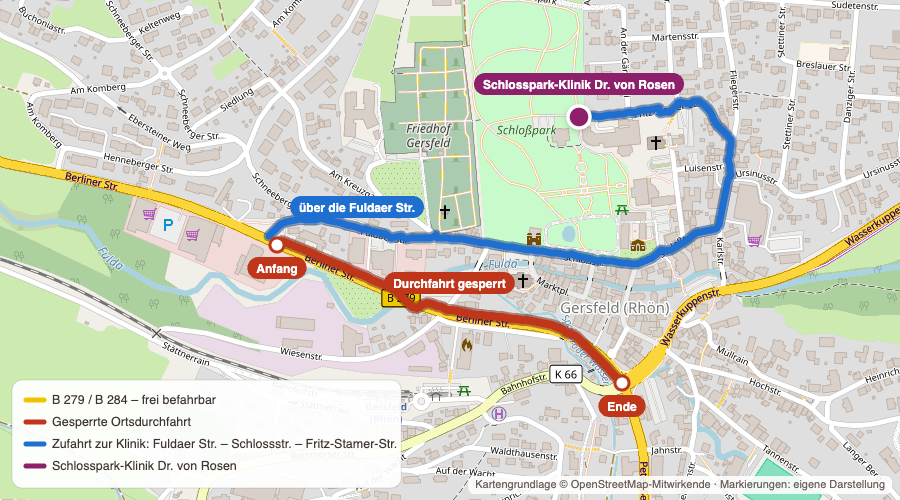 Karte von Gersfeld: gelb die Bundesstraßen B 279 und B 284, rot der gesperrte Abschnitt der Ortsdurchfahrt, blau die Zufahrt zur Klinik über Fuldaer Straße, Schlossstraße und Fritz-Stamer-Straße